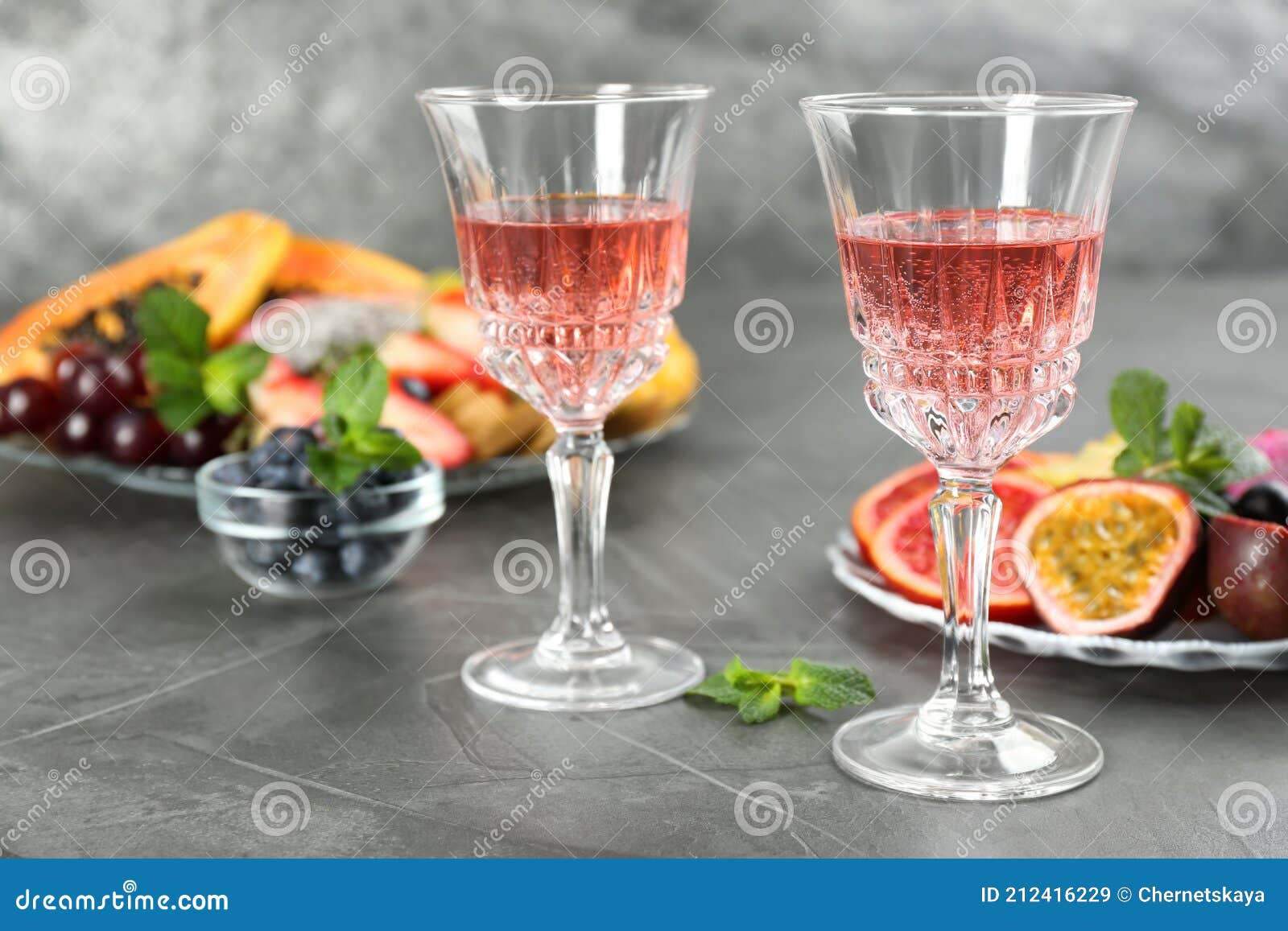 Delicious Exotic Fruits and Wine on Grey Table Stock Image Image of
