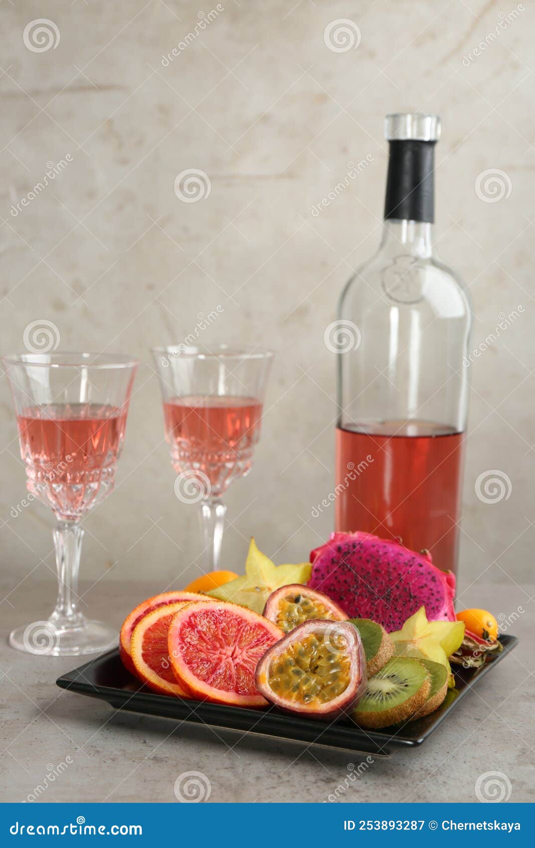 Delicious Exotic Fruits and Wine on Grey Table Stock Image Image of