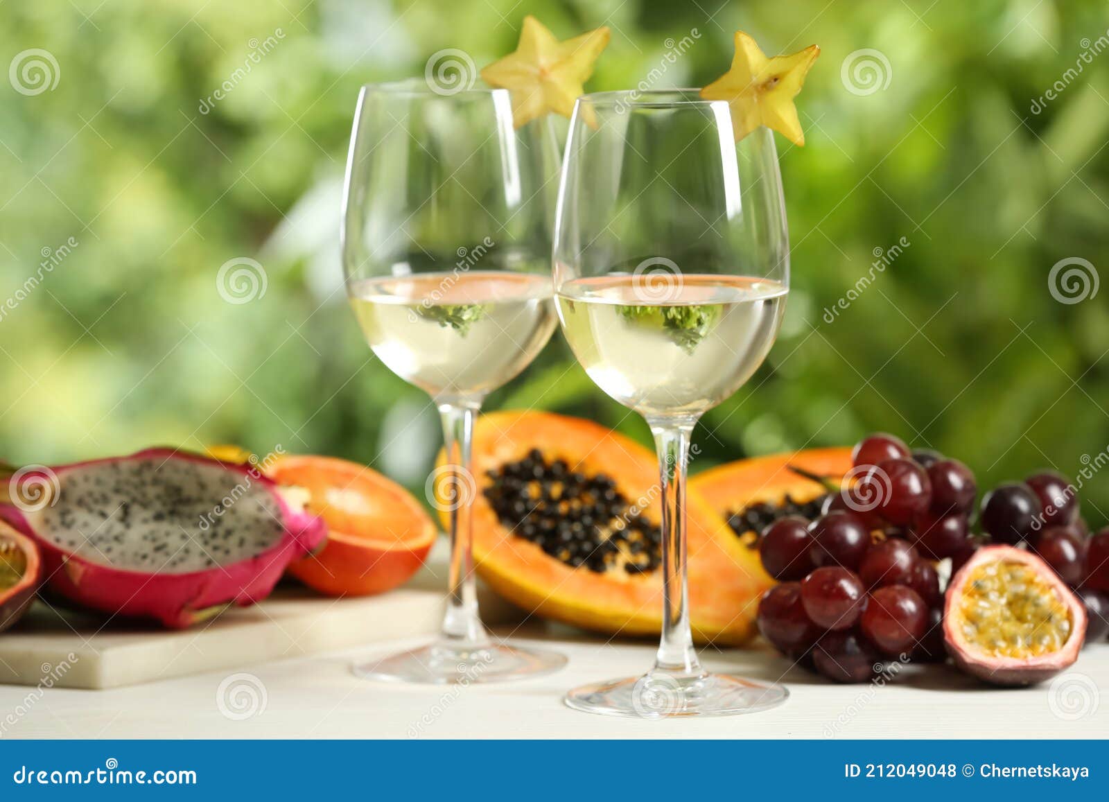 Delicious Exotic Fruits and Wine on White Table Stock Photo Image of