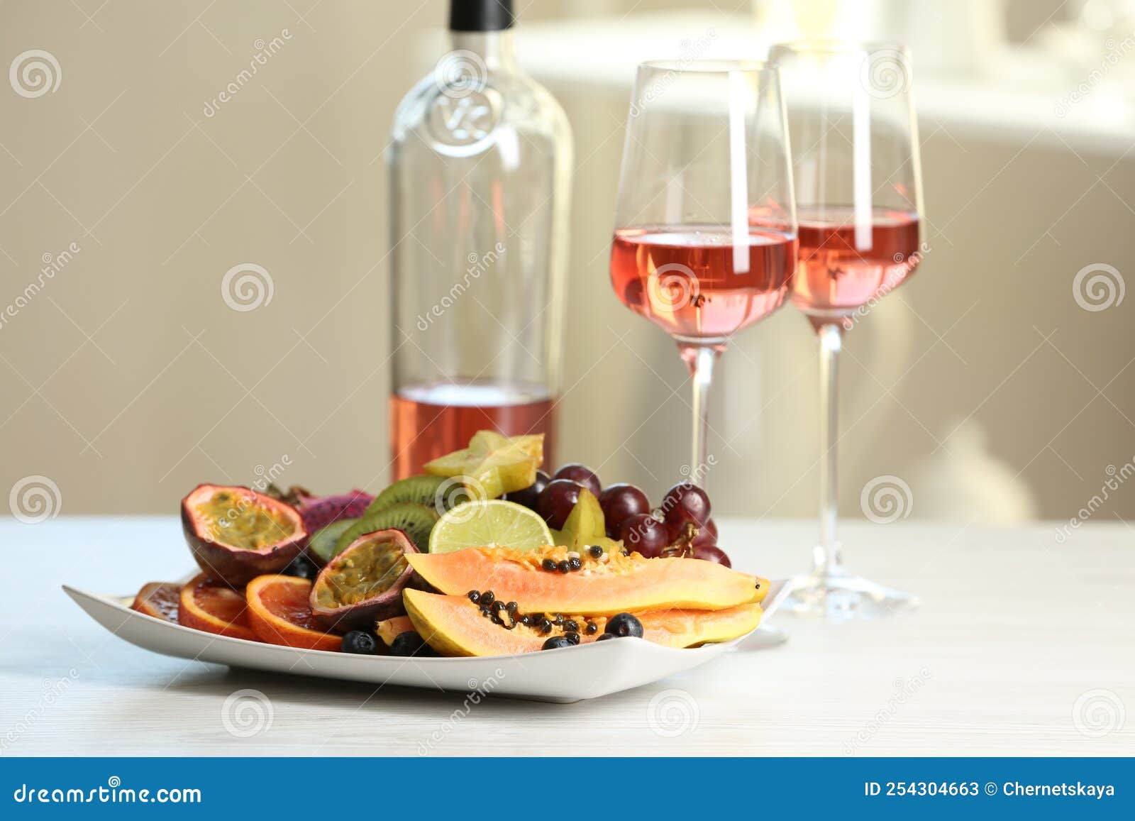 Delicious Exotic Fruits and Wine on White Table Stock Image Image of