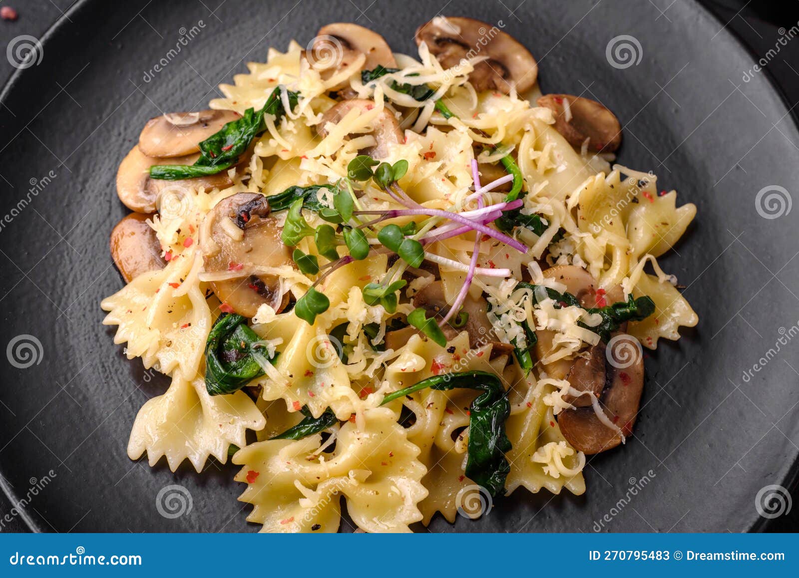 Delicious Farfalle Pasta with Mushrooms, Cheese and Spinach with Spices