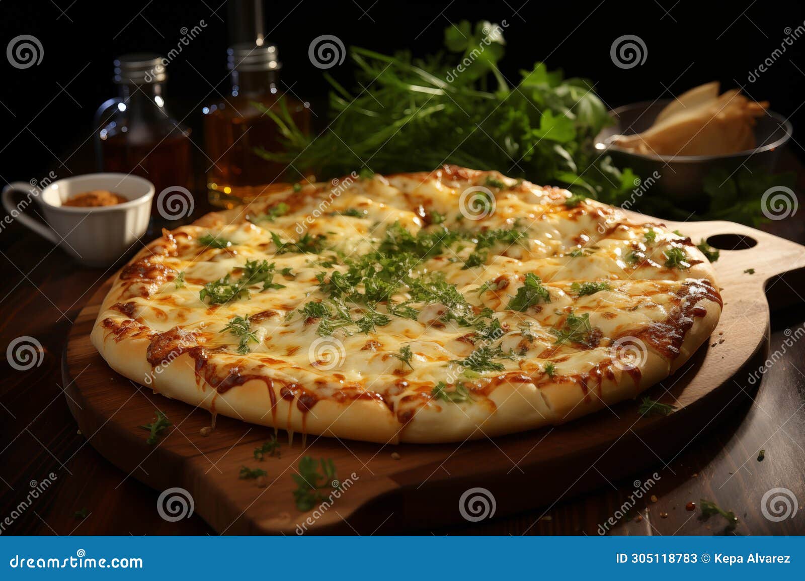 delicious four cheese pizza on a round wooden board