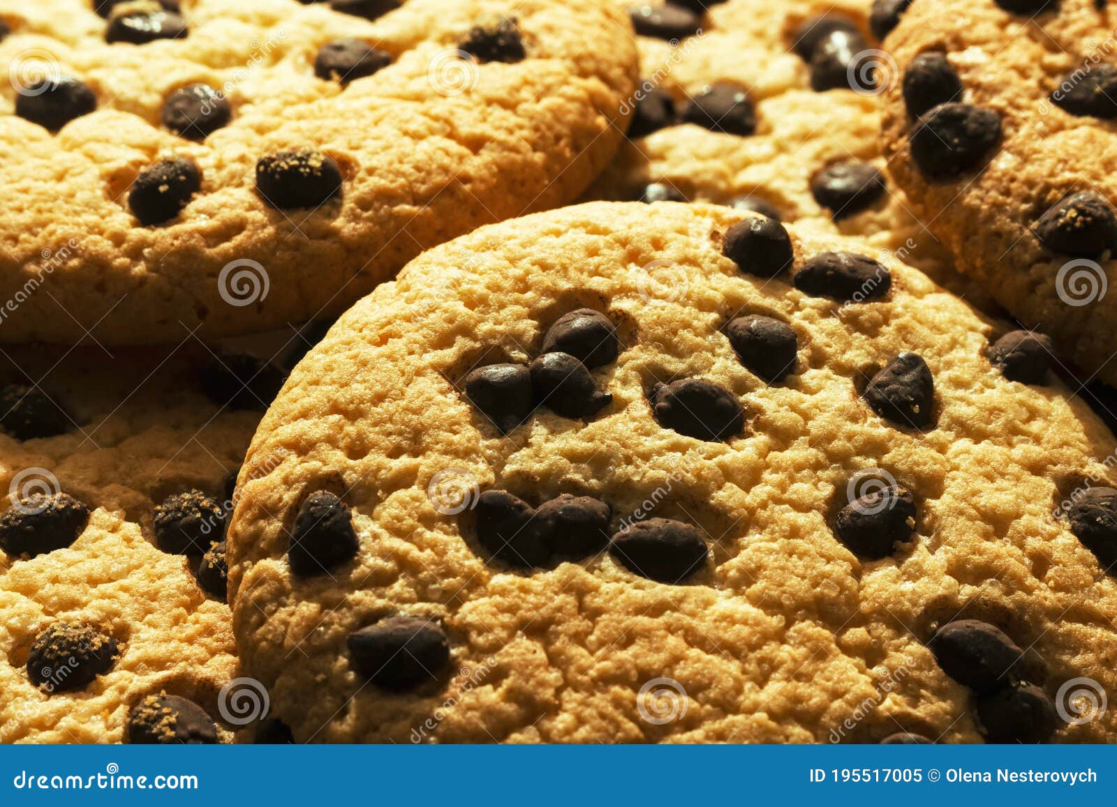 Delicious Fresh Chocolate Chip Cookies with Chocolate, Close Up Stock