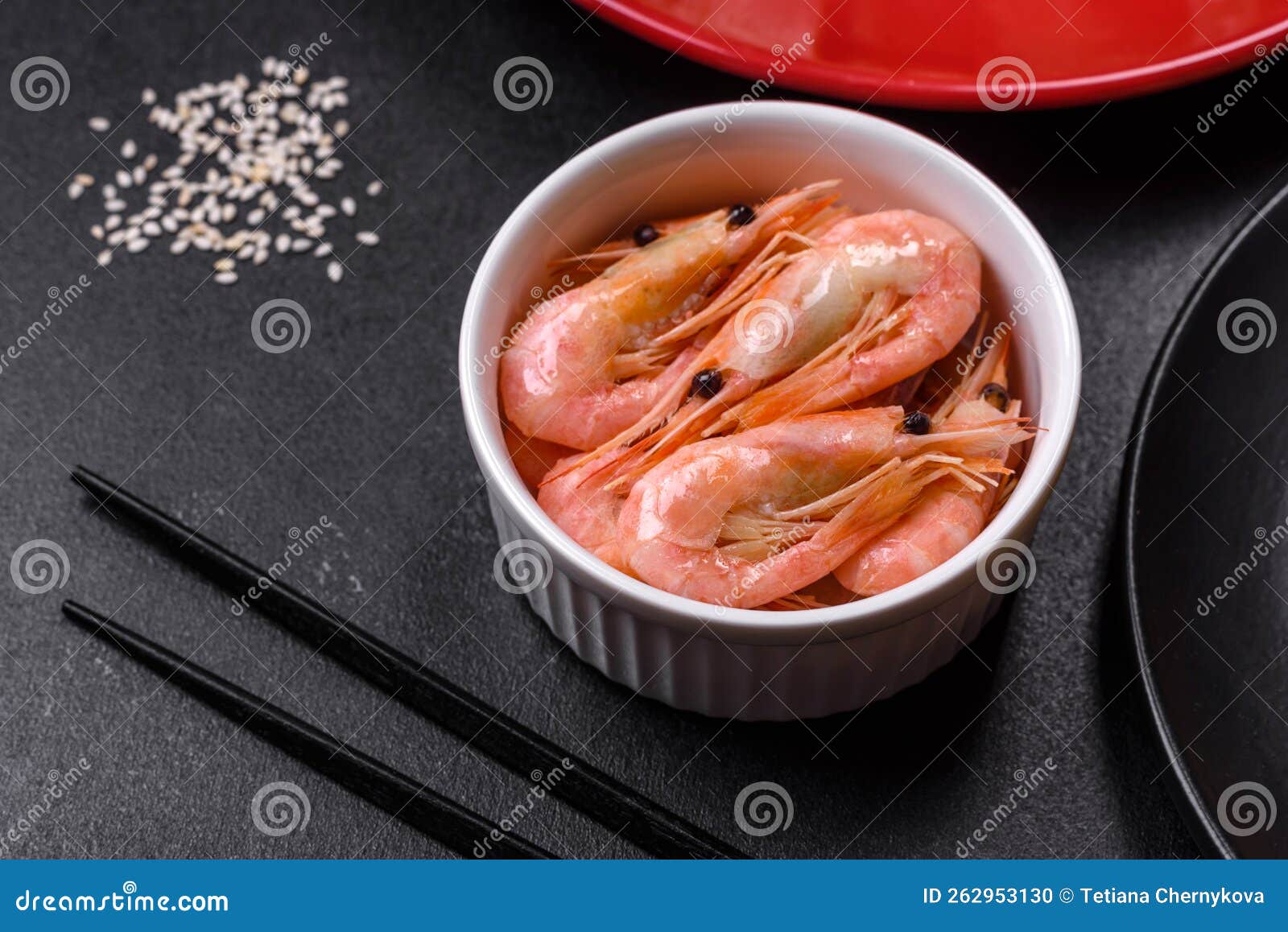 Delicious Fresh Rice Noodles with Shrimp, Spices and Herbs Stock Photo