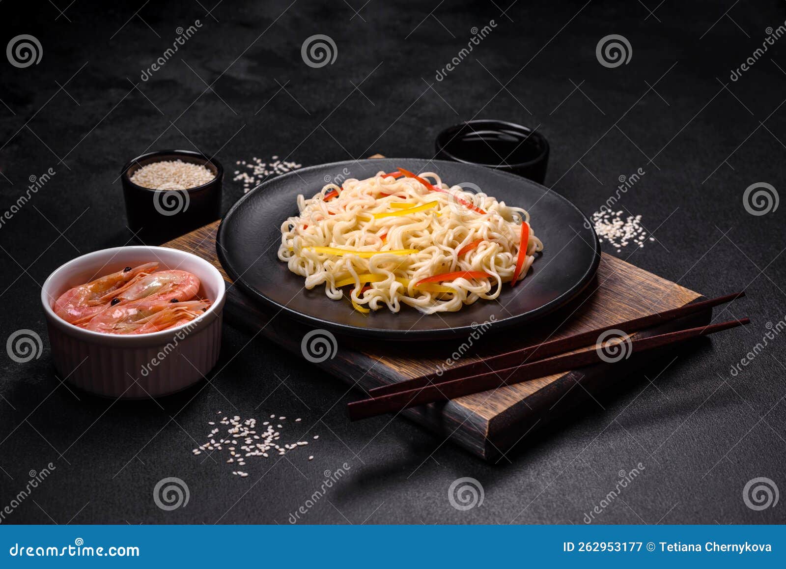 Delicious Fresh Rice Noodles with Shrimp, Spices and Herbs Stock Image