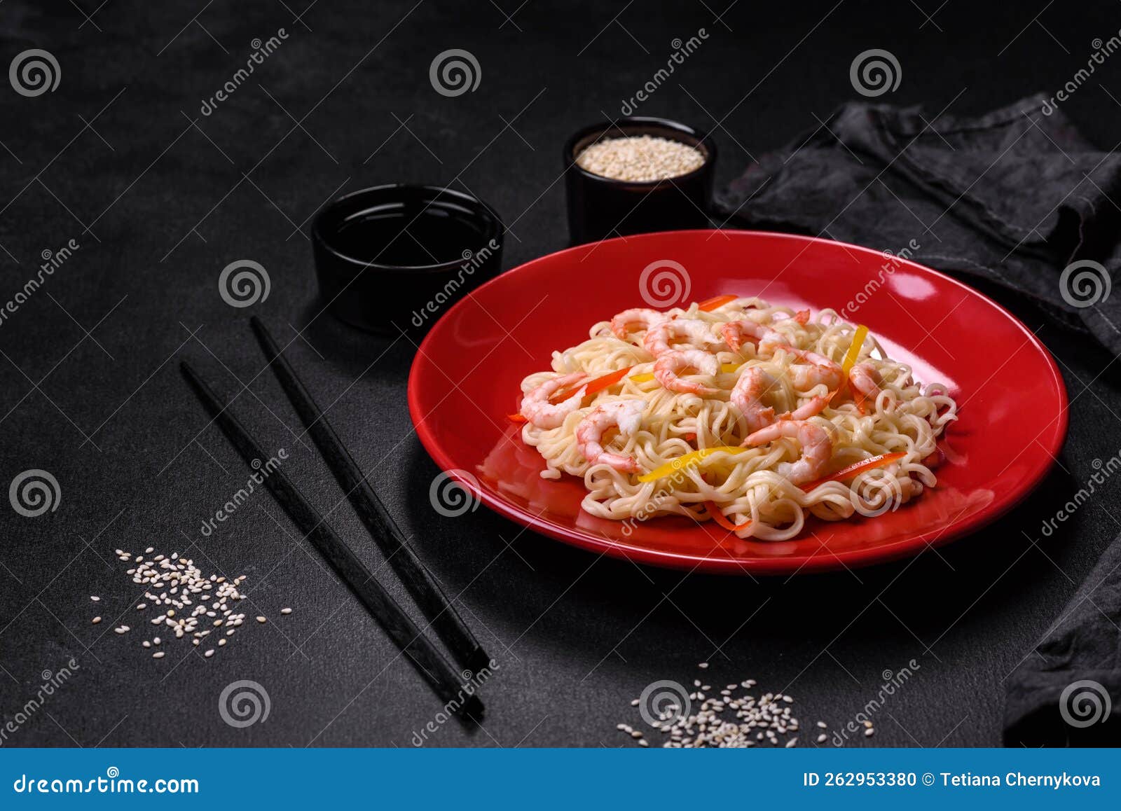 Delicious Fresh Rice Noodles with Shrimp, Spices and Herbs Stock Photo