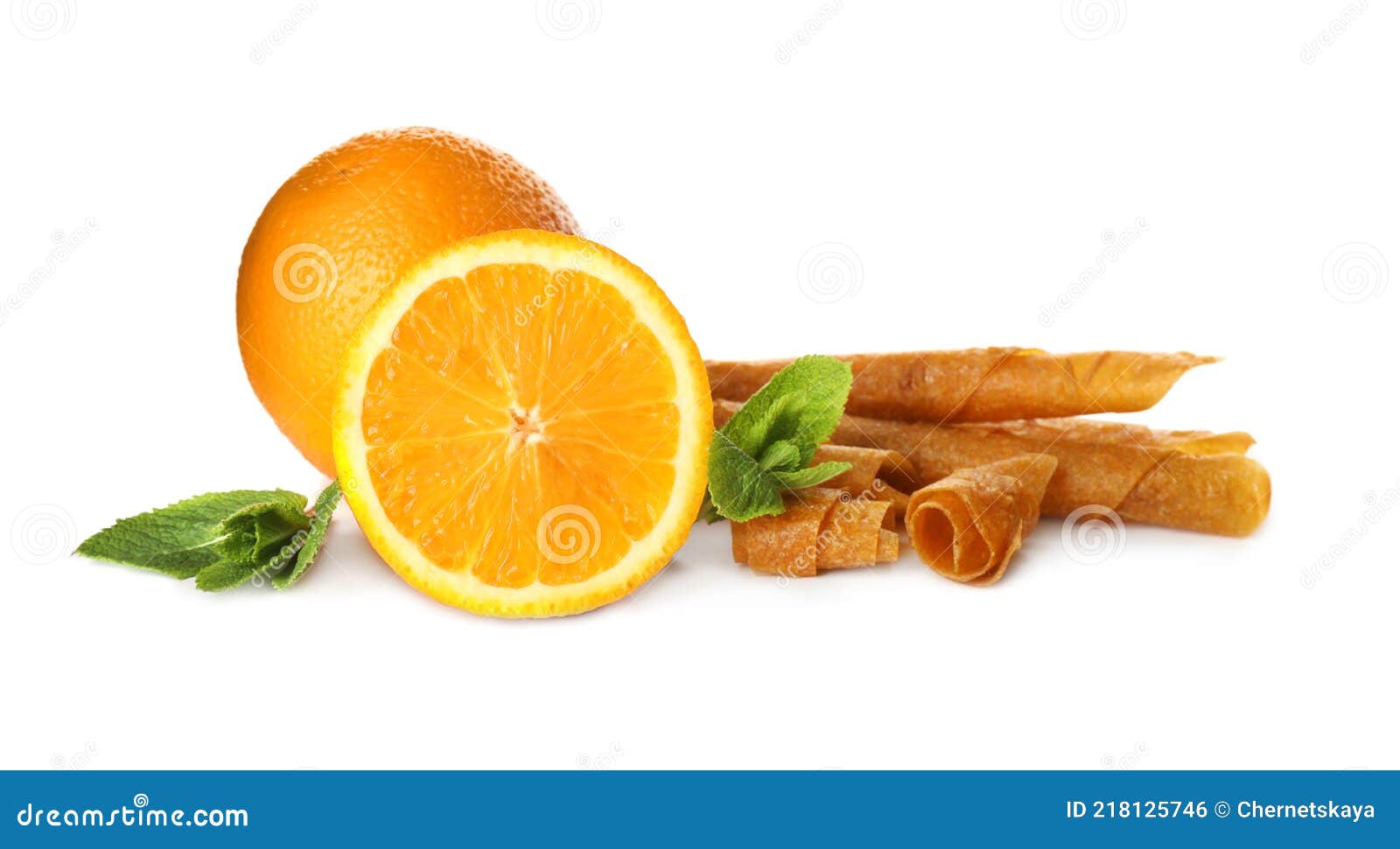 Delicious Fruit Leather Rolls, Mint and Oranges on White Background