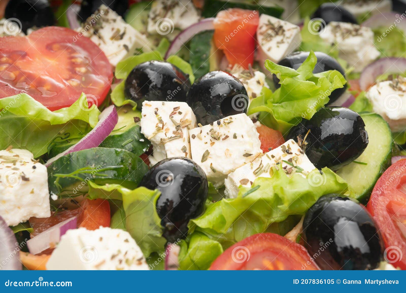 Delicious Greek Salad on a Platter Macro Frame, Close Up Stock Image