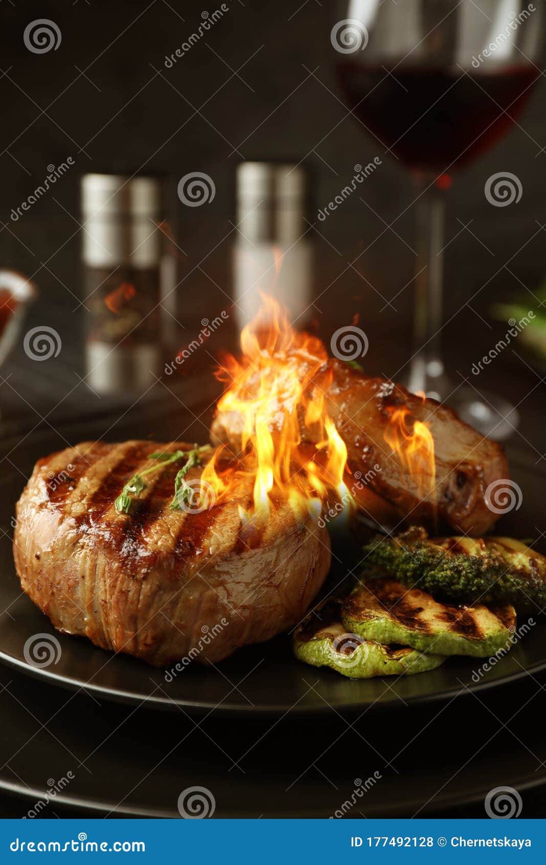 Grilled Beef Medallions with Flame on Plate Stock Photo Image of dish