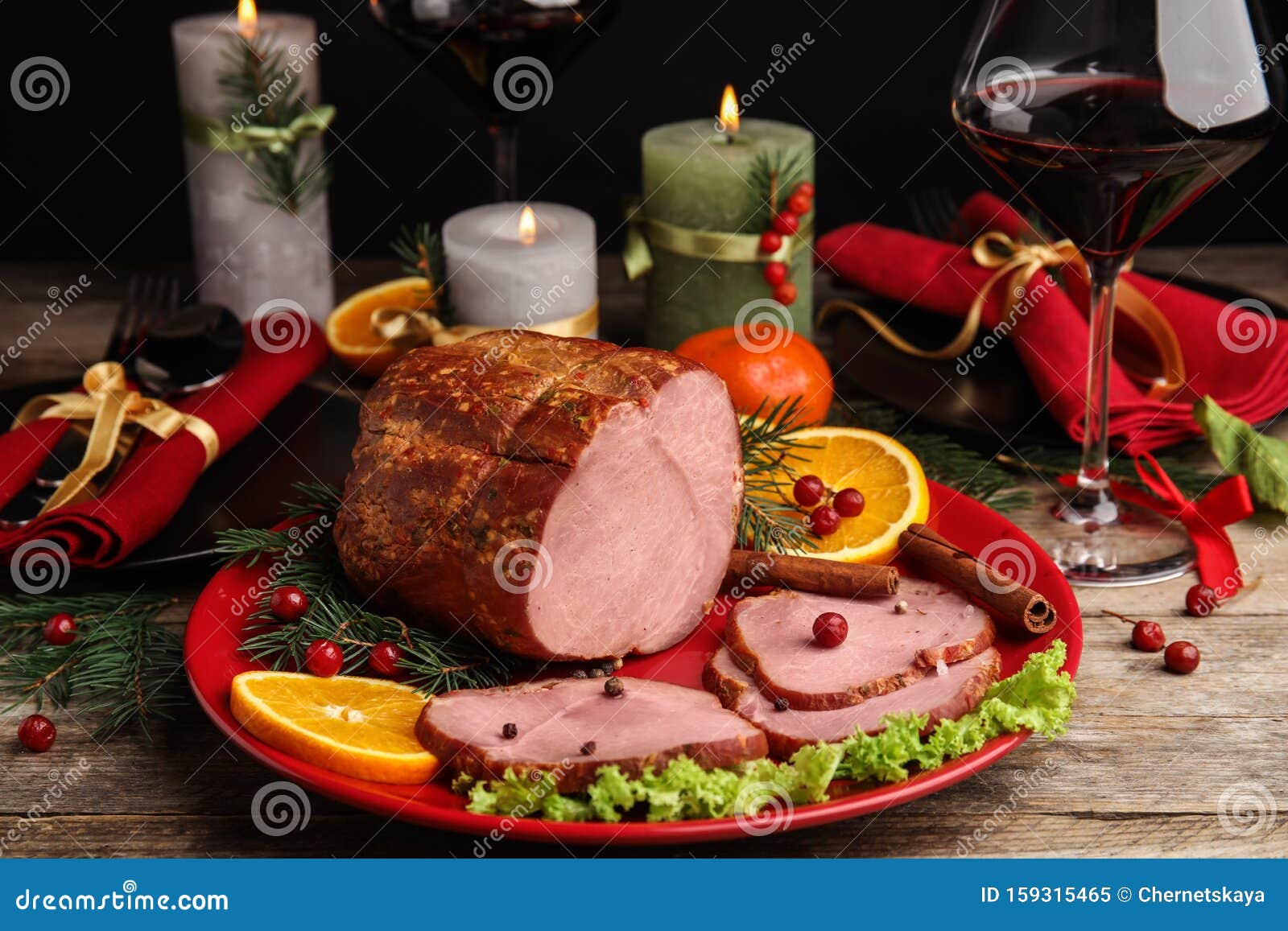 Delicious Ham Served on Table. Christmas Dinner Stock Image - Image of