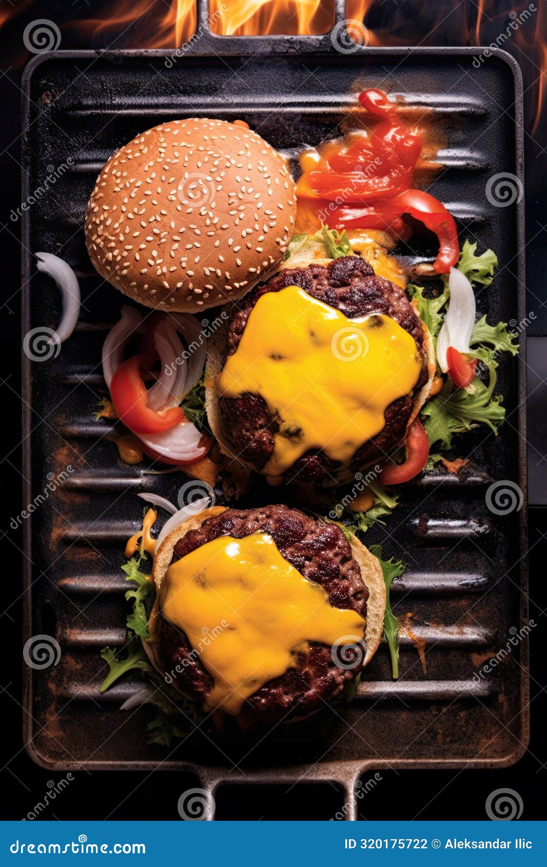 delicious hamburgers with melting cheese. top view, flat lay. ai generative