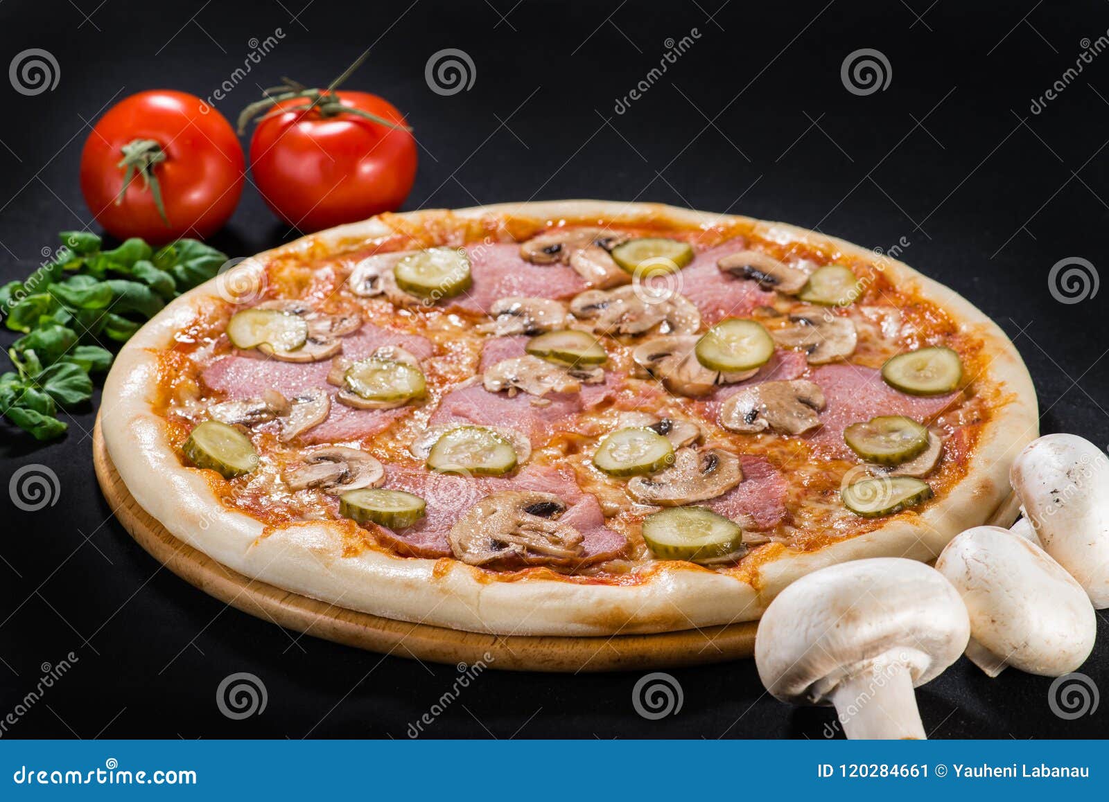 delicious hot mushroom pizza with mozzarella, beef, champigon, p
