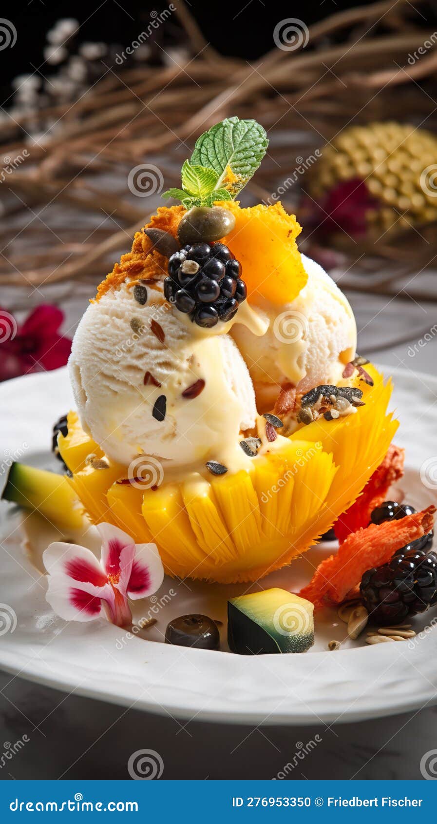 delicious ice cream sandae with fruits and berries, ai generative