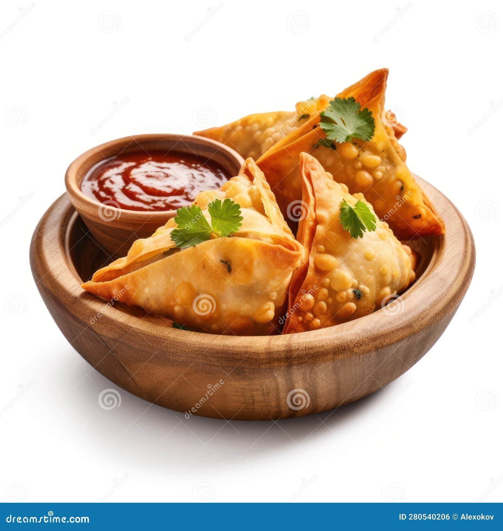 Delicious Indian Samosas with Chutney in a Bowl on White Background