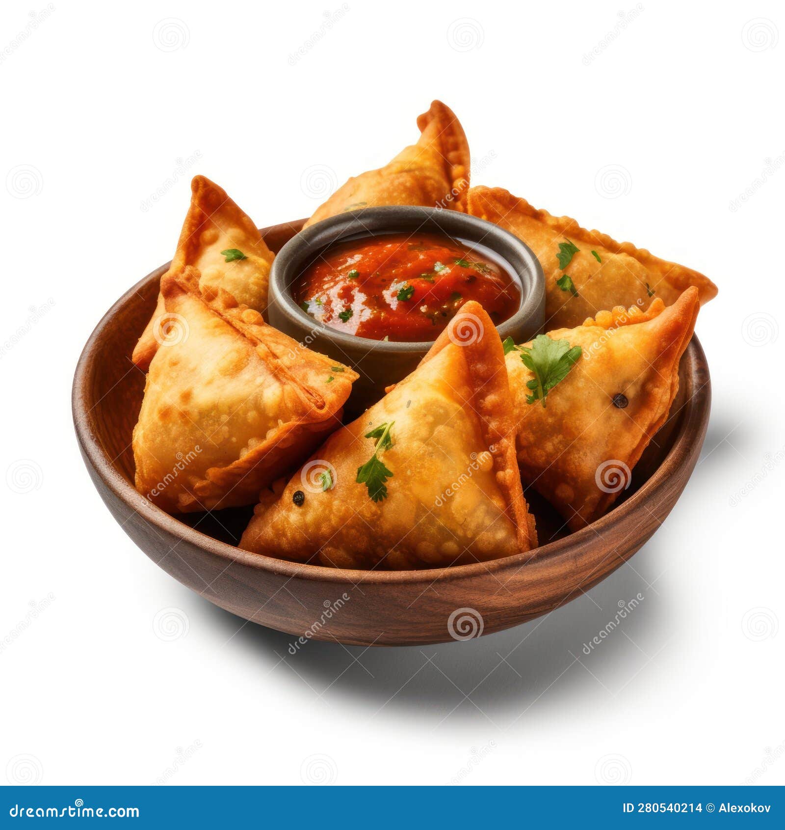 Delicious Indian Samosas with Chutney in a Bowl on White Background