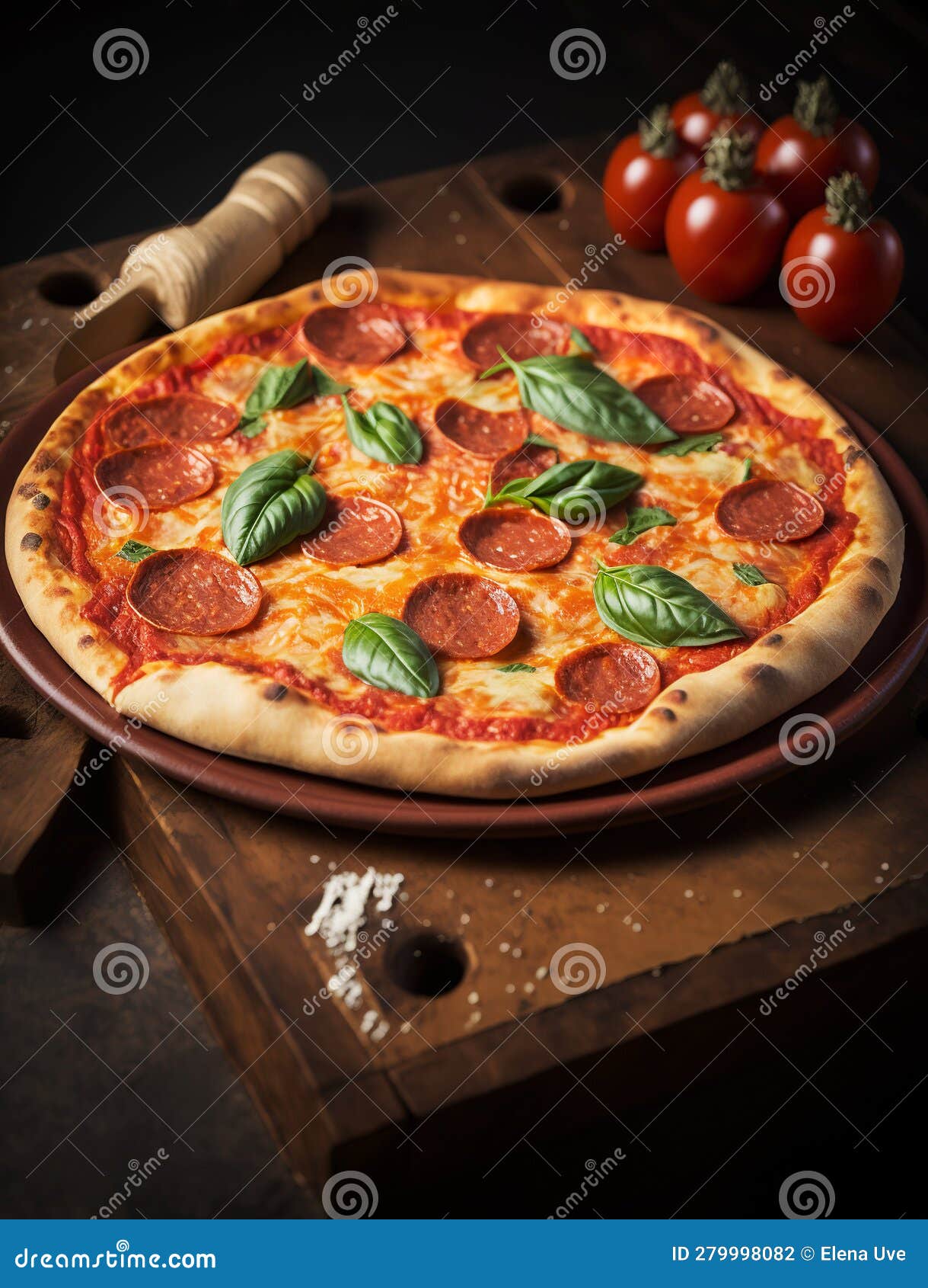 gourmet pizza with pepperoni and albahaca. italian food.