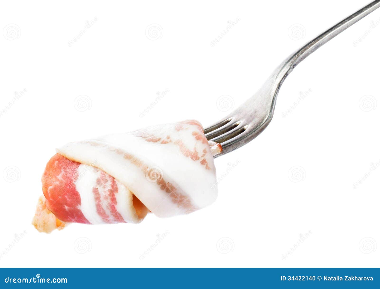 Delicious Italy Prosciutto Bacon on Fork Isolated on White Bac Stock