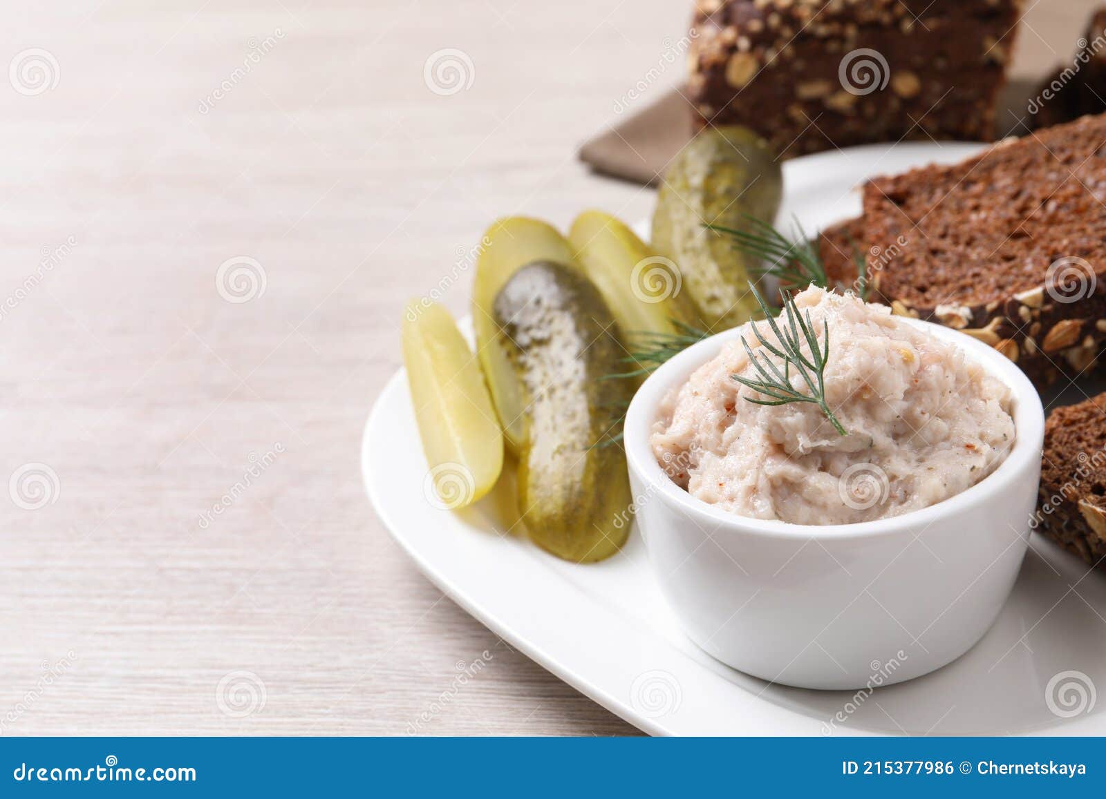 Delicious Lard Spread, Bread and Pickles on Wooden Table. Space for Text Stock Photo Image of