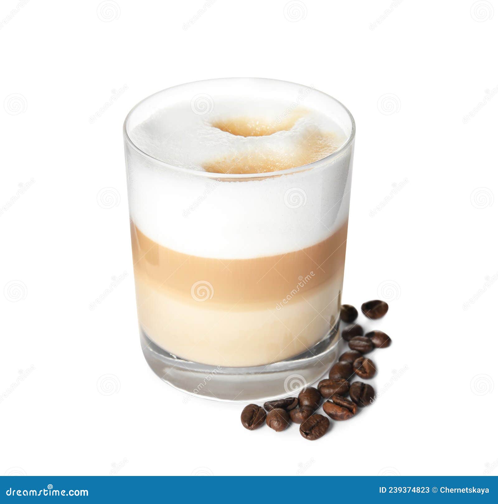 Delicious Latte Macchiato and Coffee Beans on White Background Stock