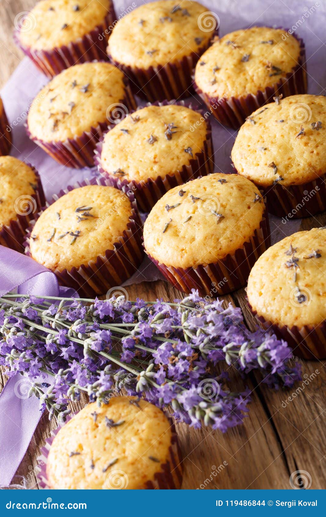 Delicious Lavender Muffins Dessert Close-up. Vertical Stock Photo ...