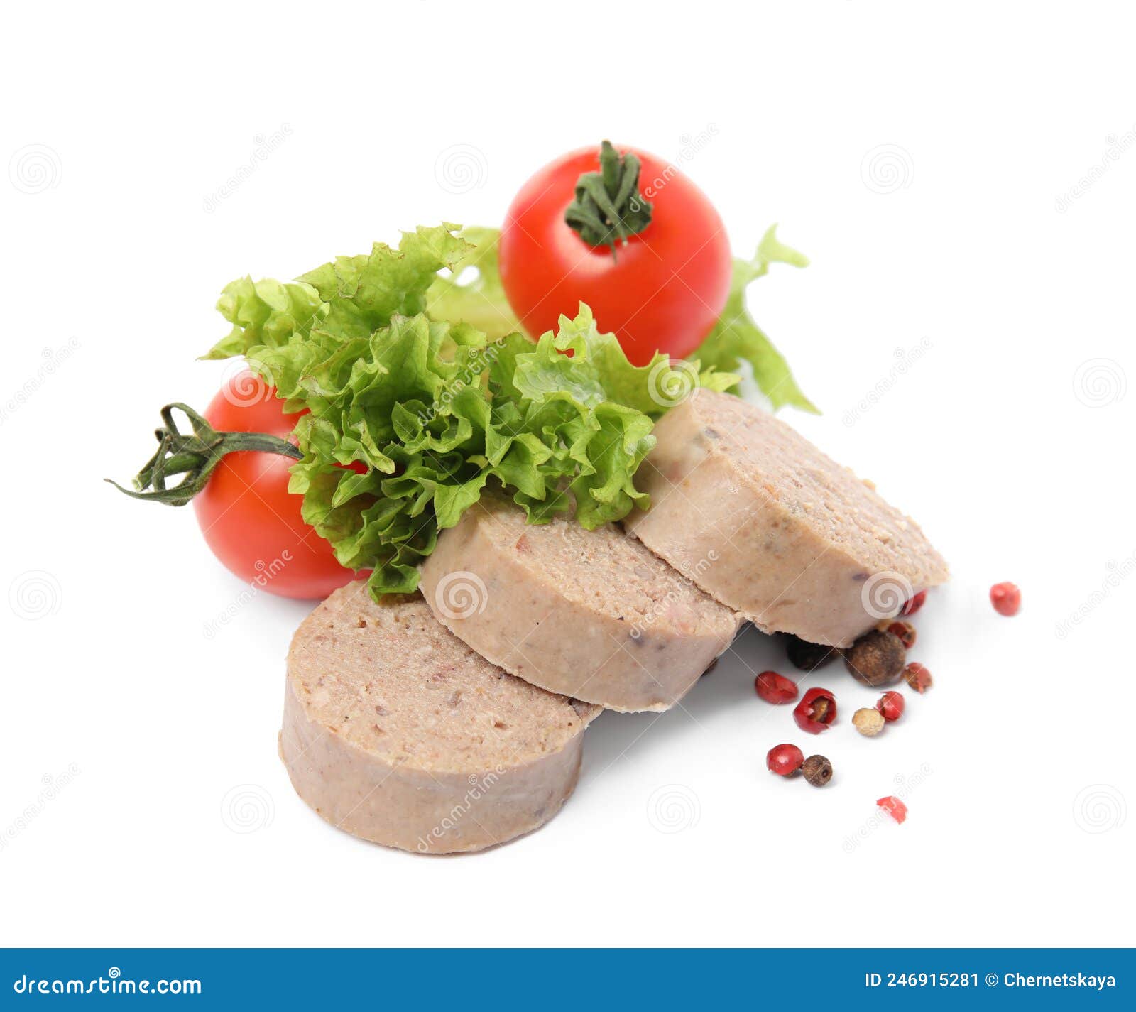 Delicious Liverwurst with Cherry Tomatoes, Lettuce and Spices on White