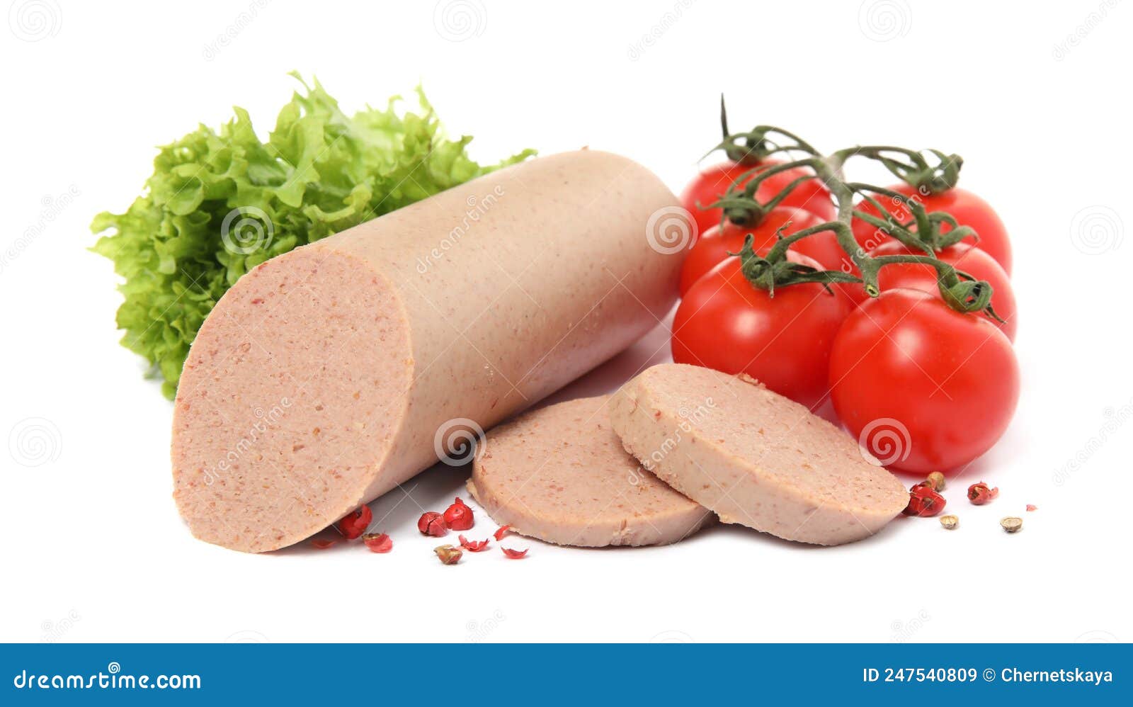 Delicious Liverwurst with Cherry Tomatoes, Lettuce and Spices on White