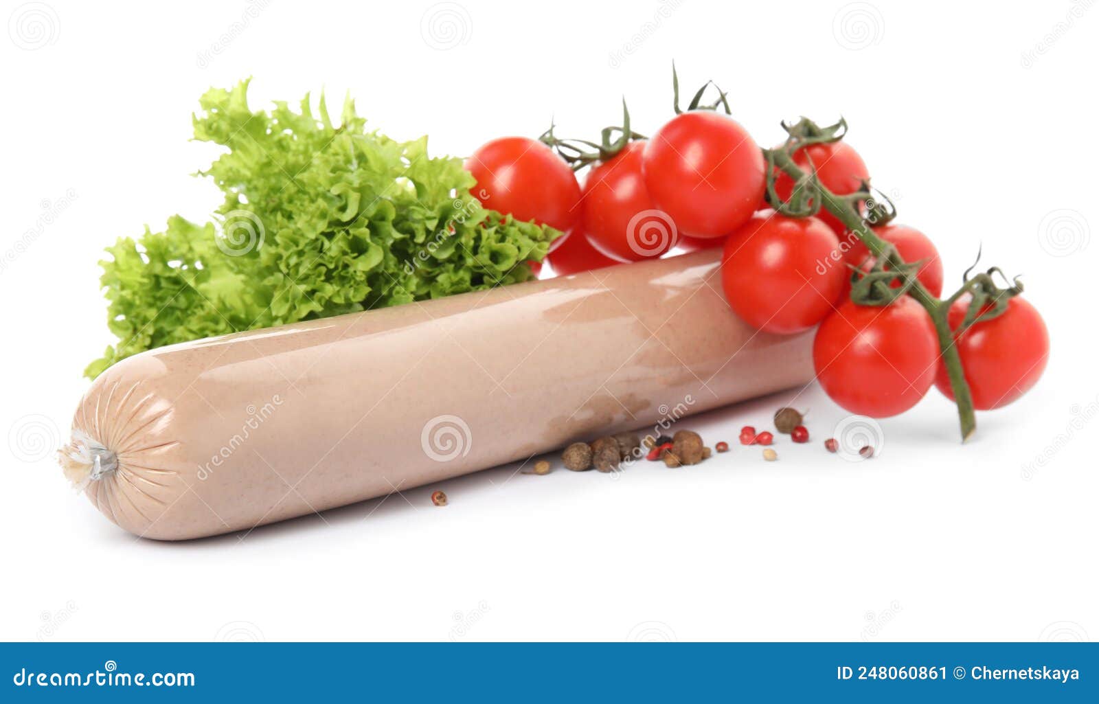 Delicious Liverwurst with Cherry Tomatoes, Lettuce and Spices on White