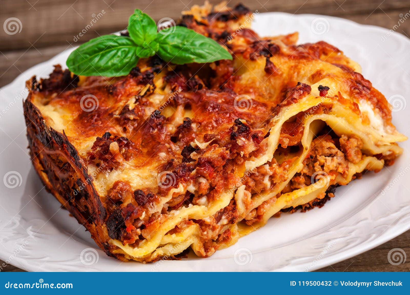 Delicious Meat Lasagna with Basil Stock Photo - Image of dough ...