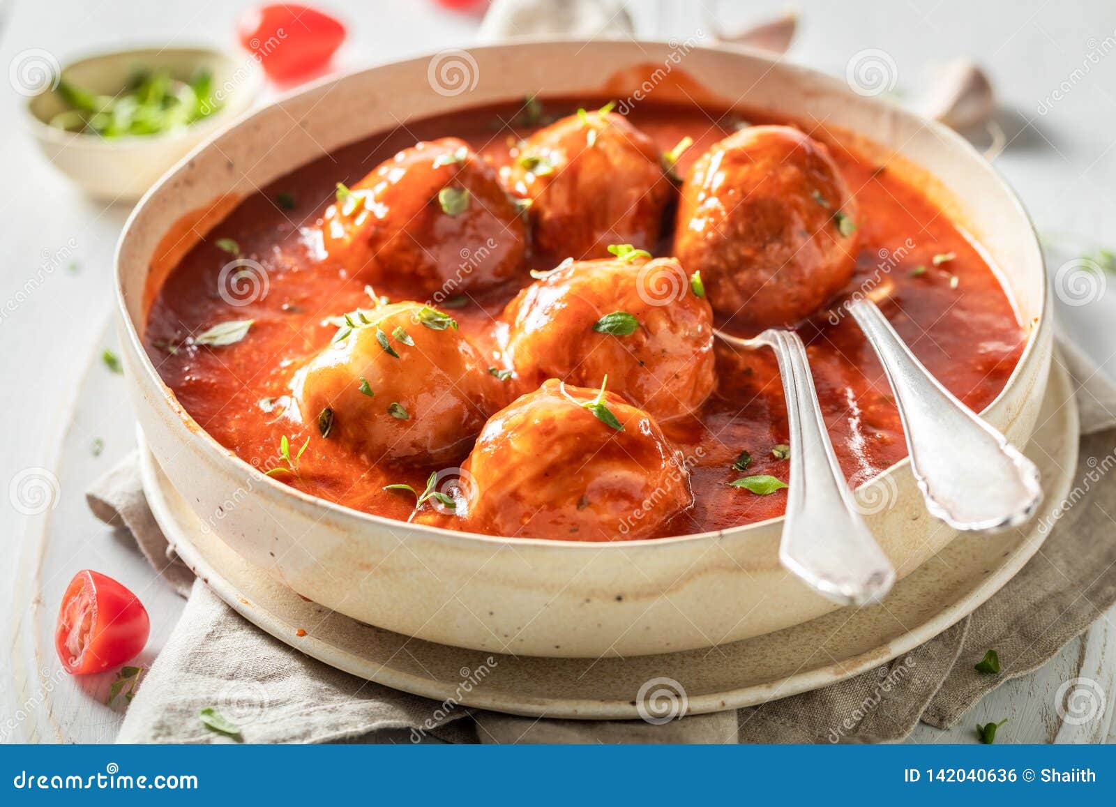 Delicious Meatballs with Fresh Herbs and Tomatoes Stock Photo Image