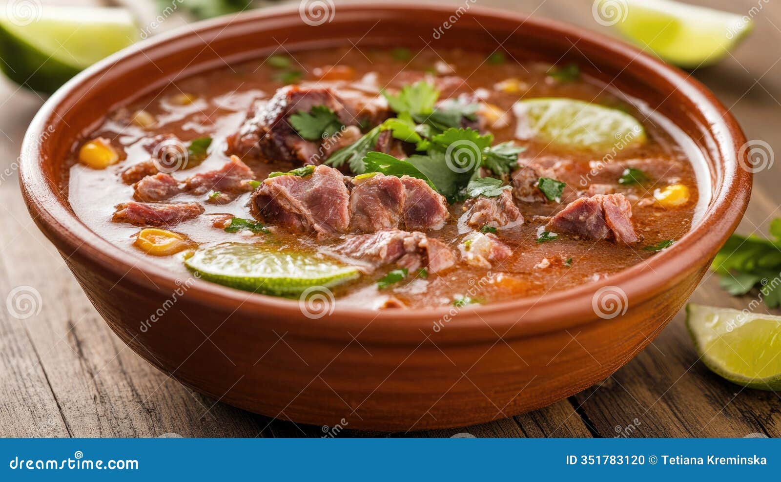 delicious menudo garnished with fresh herbs and lime