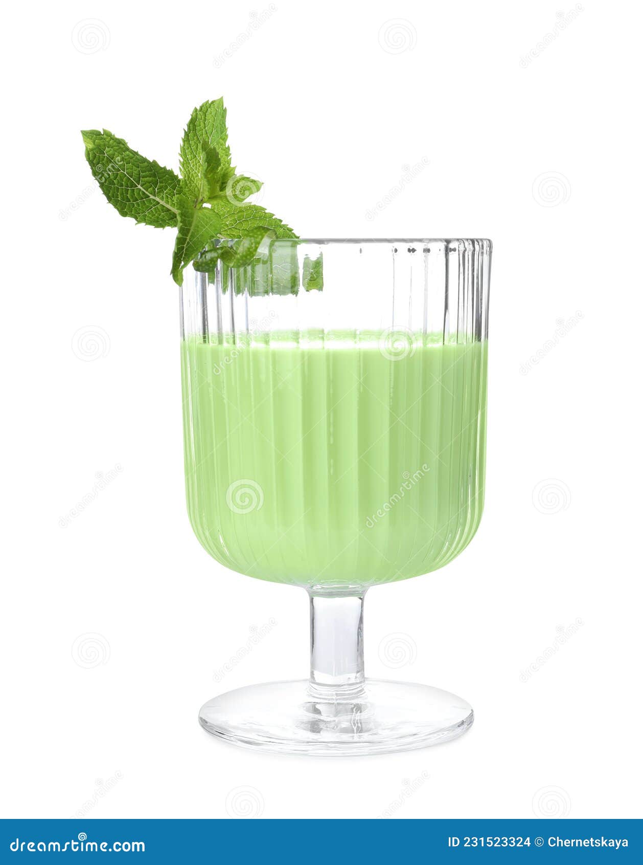 Delicious Mint Liqueur and Fresh Leaves Isolated on White Stock Photo