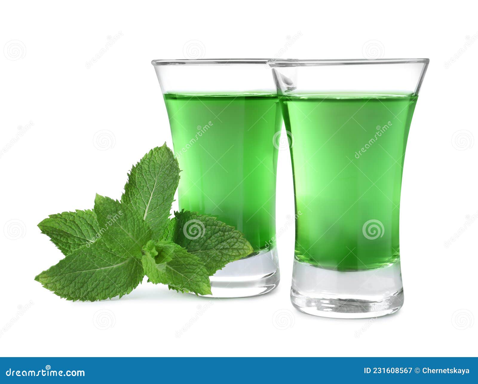 Delicious Mint Liqueur and Fresh Leaves on White Background Stock Image