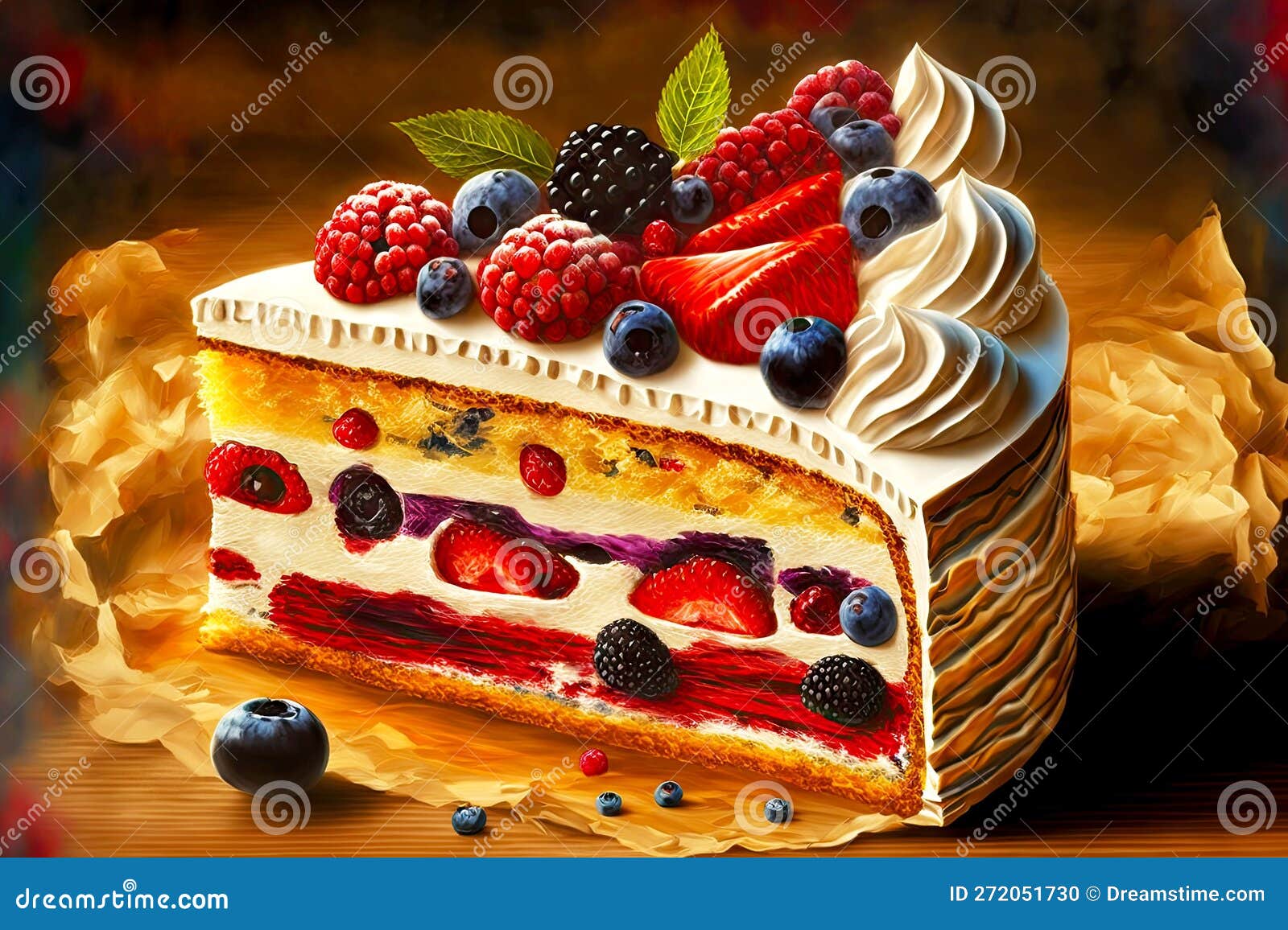 Delicious Multi-layered Fruit Cake with Creamy Cream and Berries Stock ...