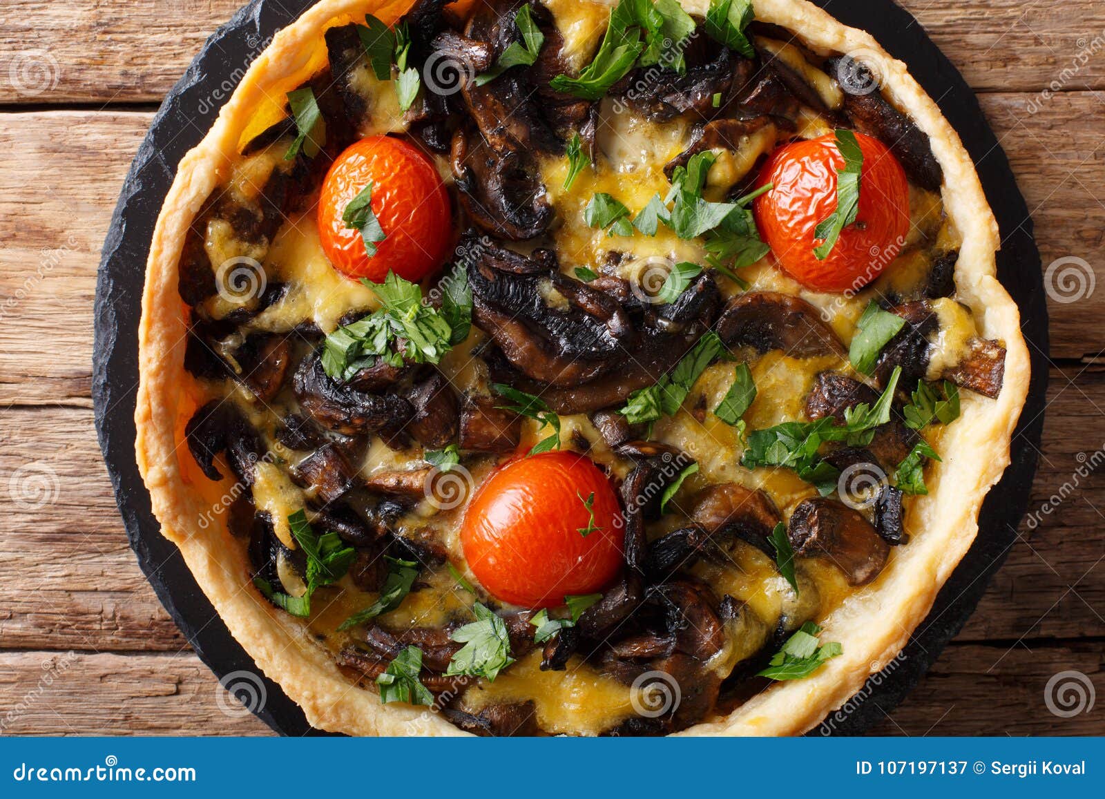 Delicious Mushroom Tart with Cheese, Greens and Tomatoes Close-up ...