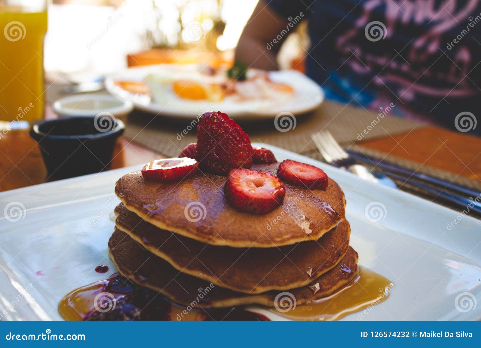 Delicious Breakfast of Pancakes with Syrup and Strawberries. Stock ...