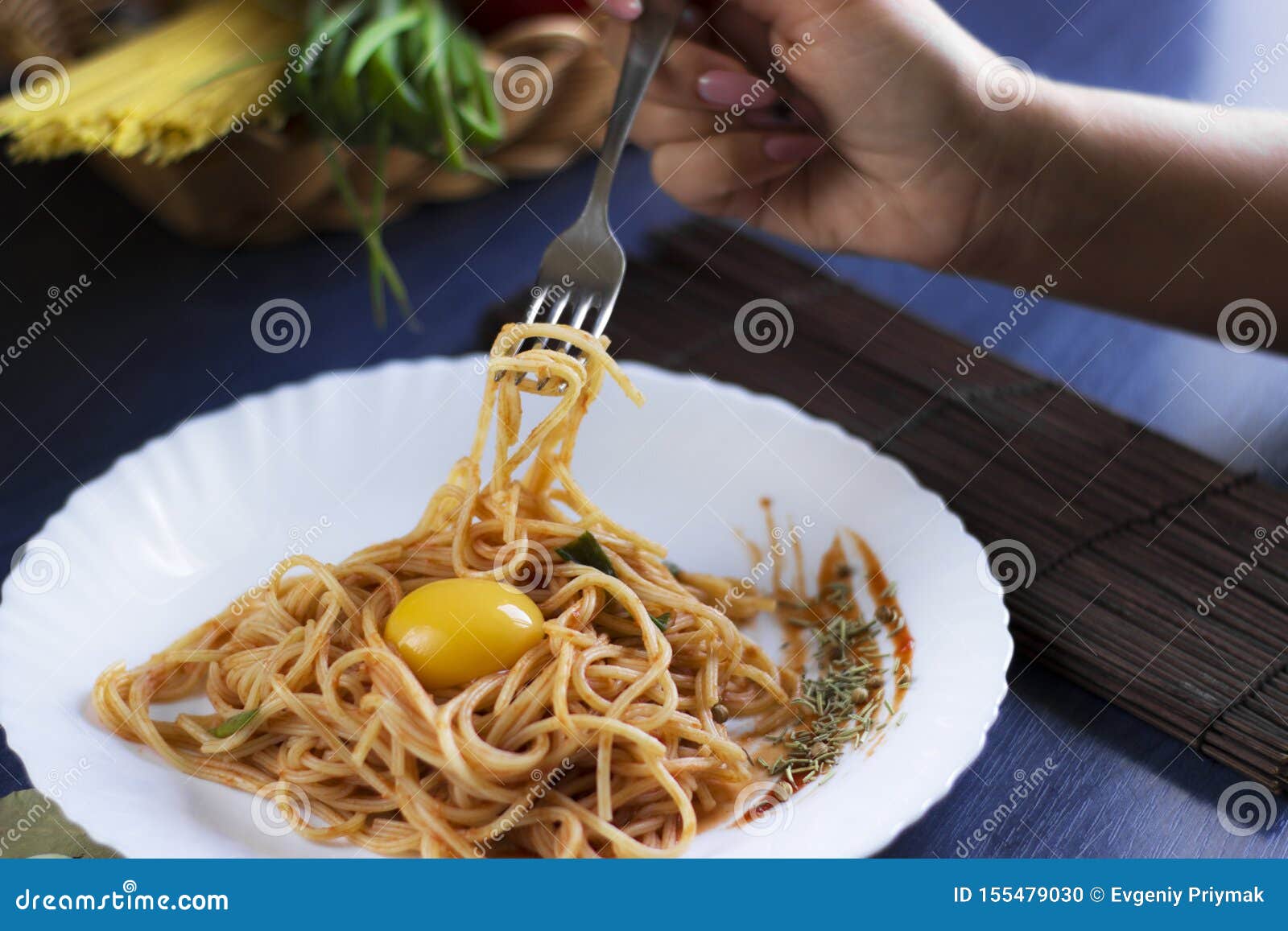Delicious Pasta with Egg Yolk, on Wooden Table Stock Photo Image of