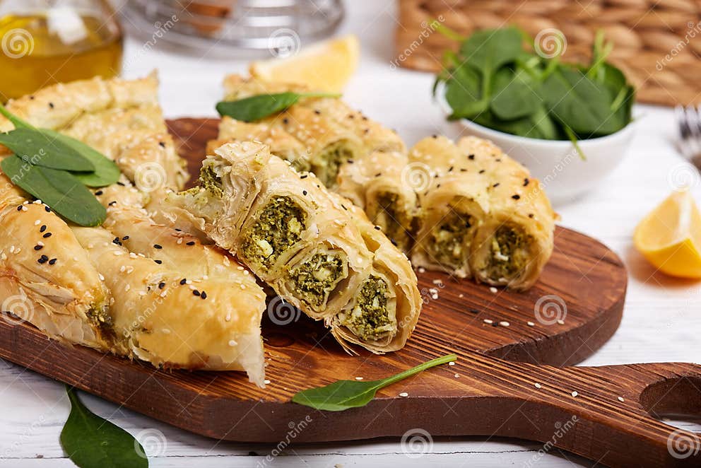 Delicious Pie with Spinach and Feta Cheese, Made from Filo Pastry