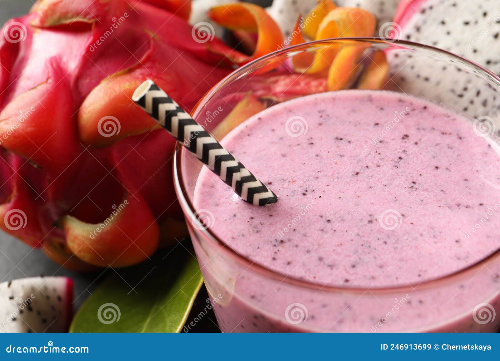 Delicious Pitahaya Smoothie and Fresh Fruits on Table, Closeup Stock ...