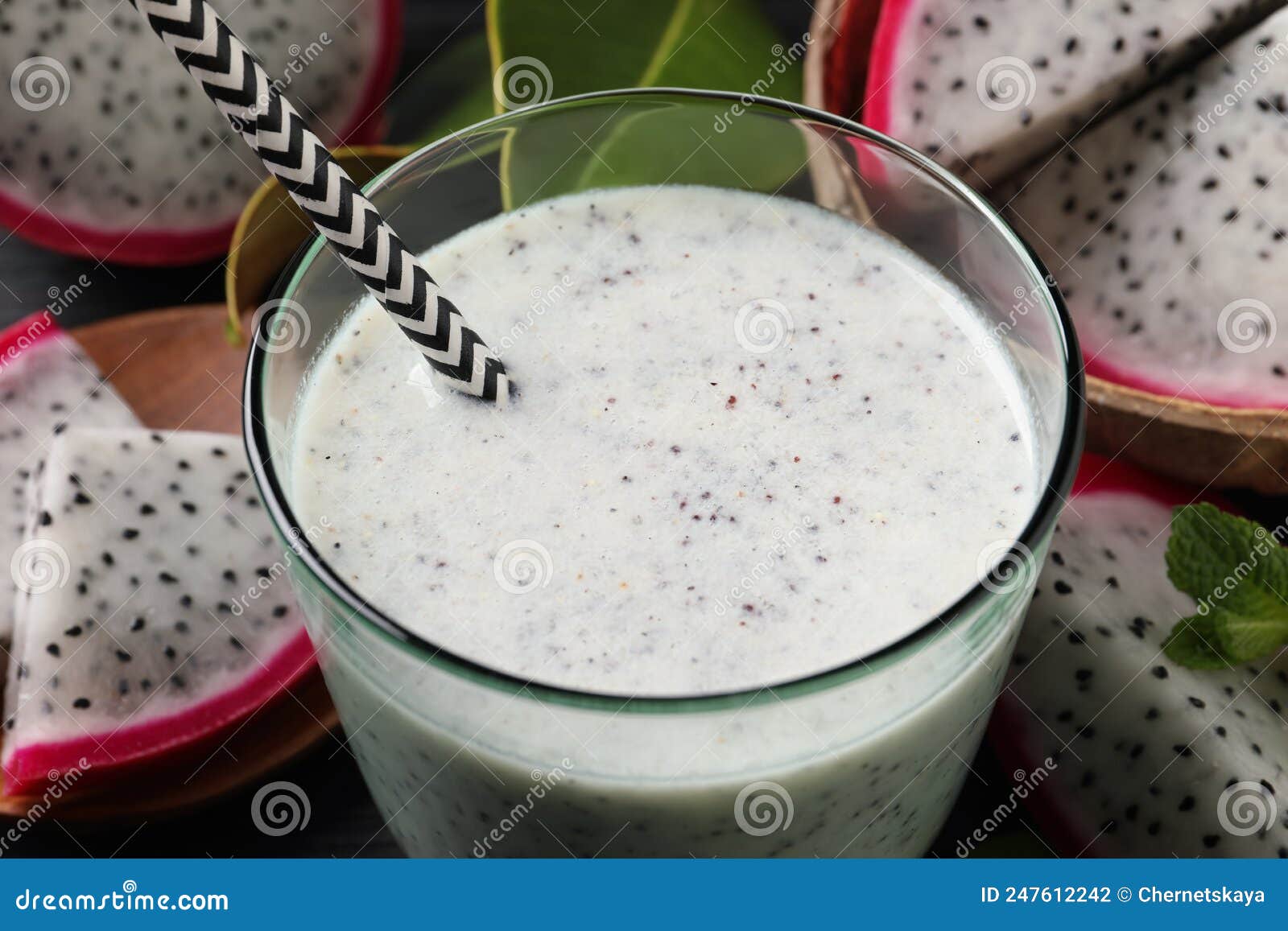 Delicious Pitahaya Smoothie and Fresh Fruits on Table, Closeup Stock ...