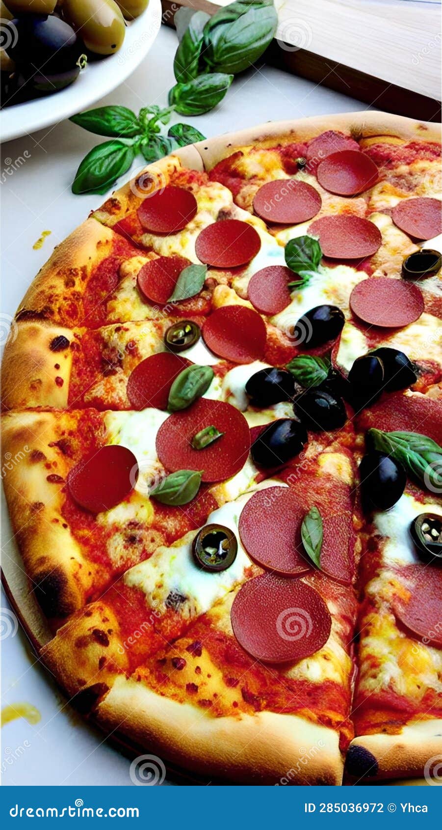 A Delicious Pizza with Cheese, Pepperoni, and Olives Illustration