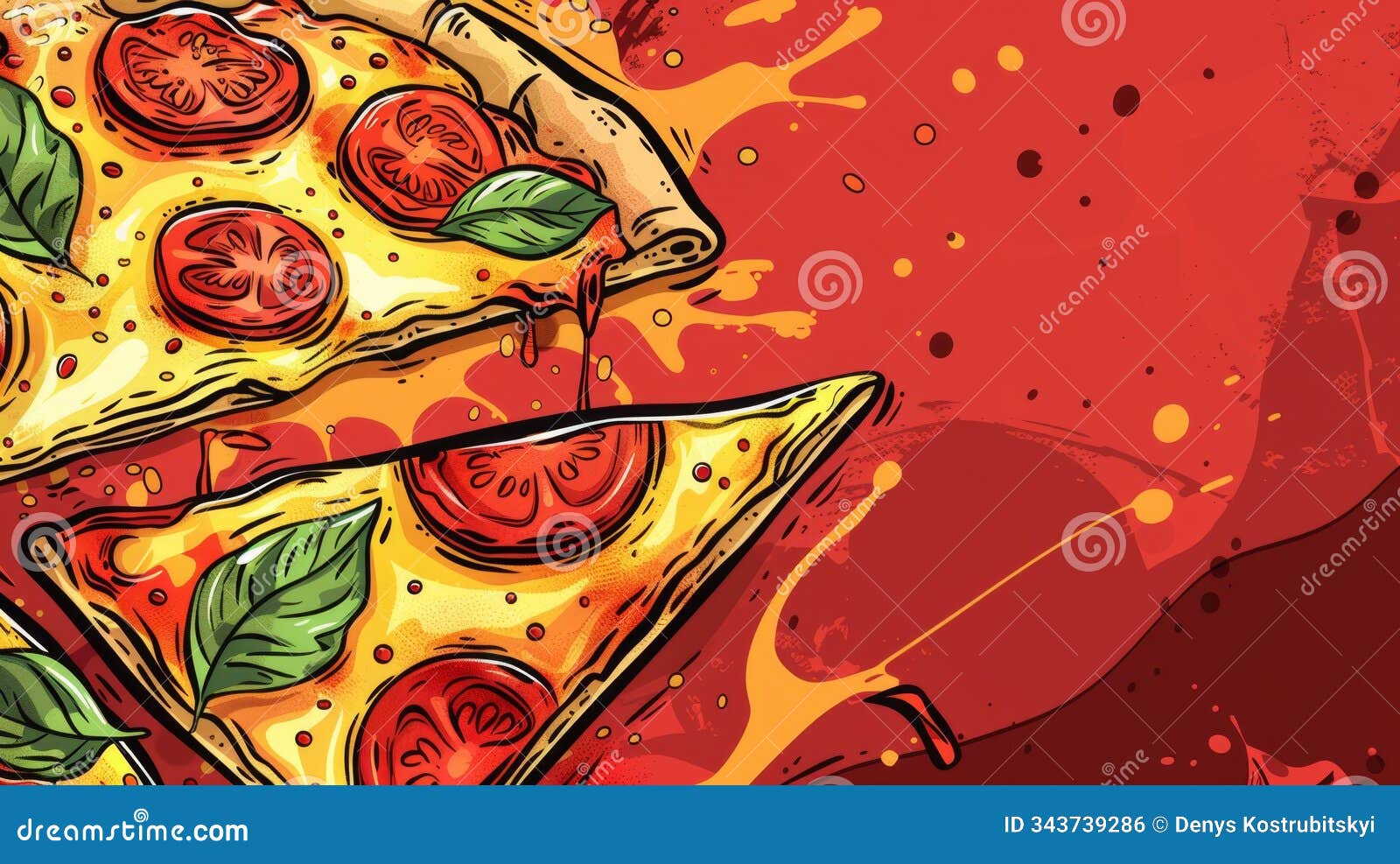 delicious pizza slice with tomato and basil topping on vibrant abstract background