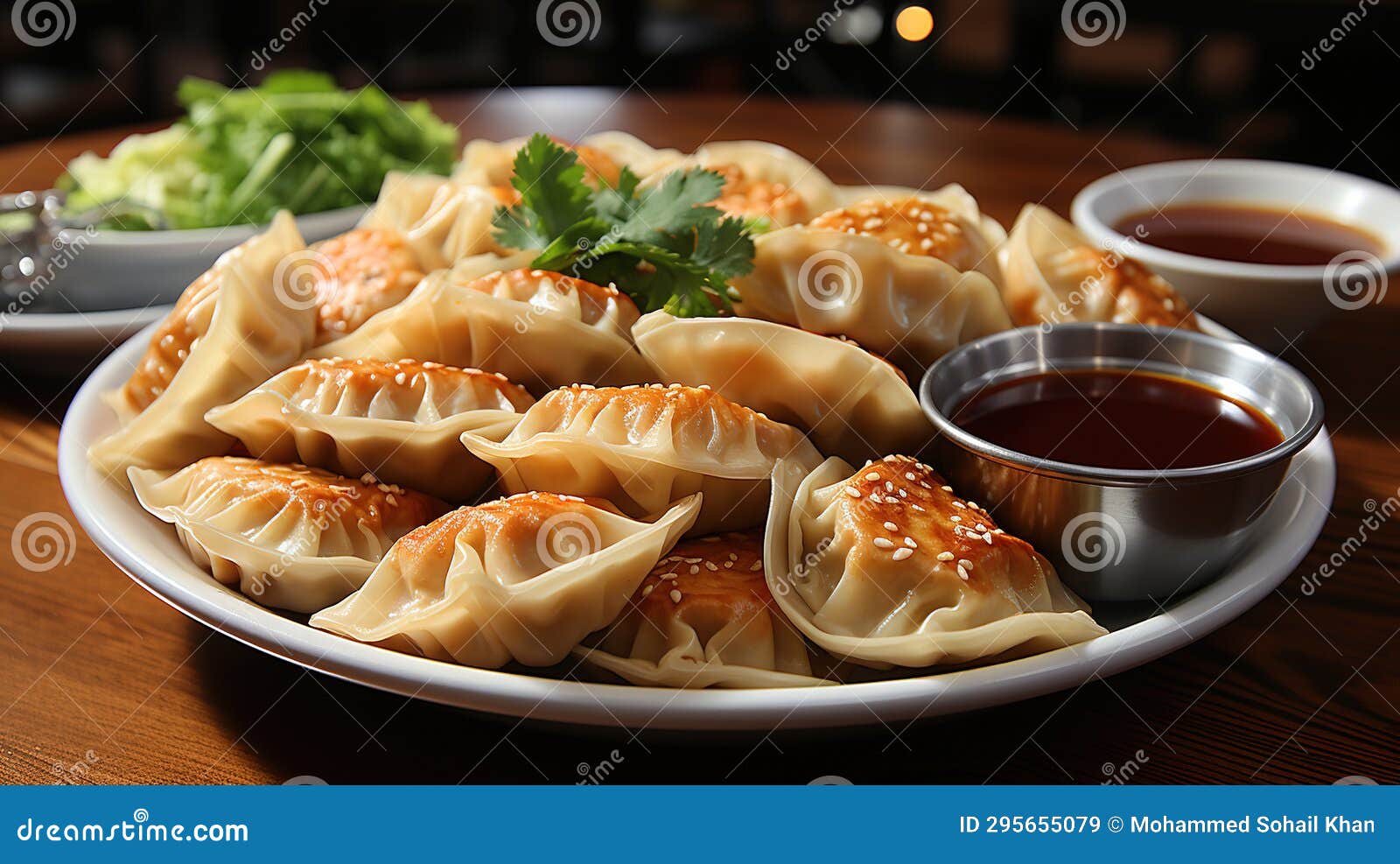 Delicious Potstickers Plate with Sauce on Blurry Background Stock Image
