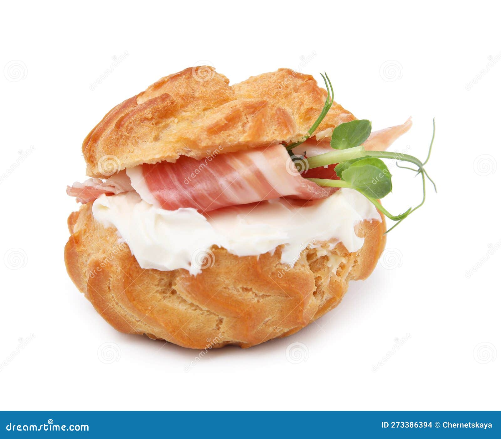 Delicious Profiterole with Cream Cheese and Prosciutto Isolated on