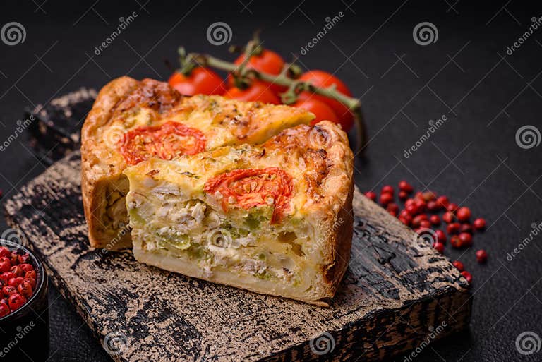 Delicious Quiche with Tomato, Cheese, Chicken, Spices and Herbs Stock ...