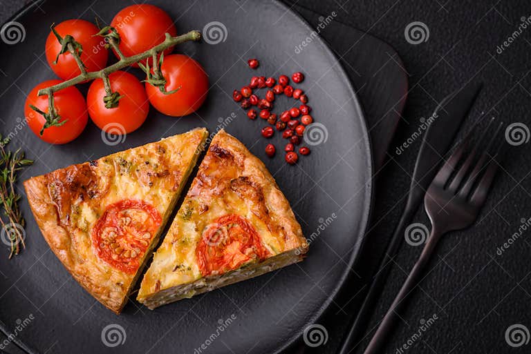 Delicious Quiche with Tomato, Cheese, Chicken, Spices and Herbs Stock ...