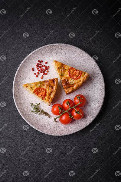 Delicious Quiche with Tomato, Cheese, Chicken, Spices and Herbs Stock ...