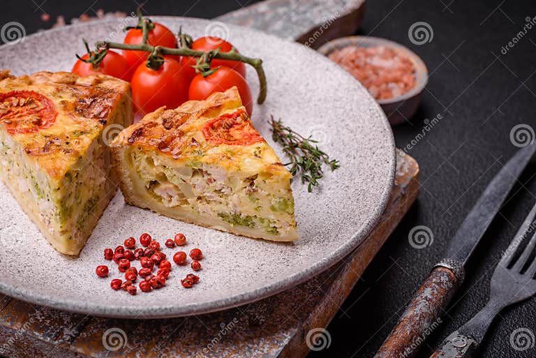 Delicious Quiche with Tomato, Cheese, Chicken, Spices and Herbs Stock ...