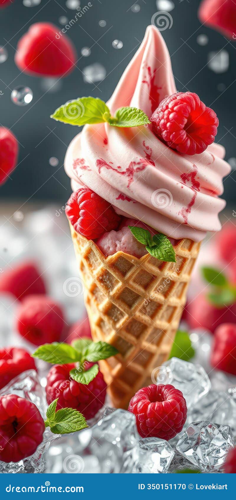 delicious raspberry swirl ice cream cone topped with fresh berries and mint leaves