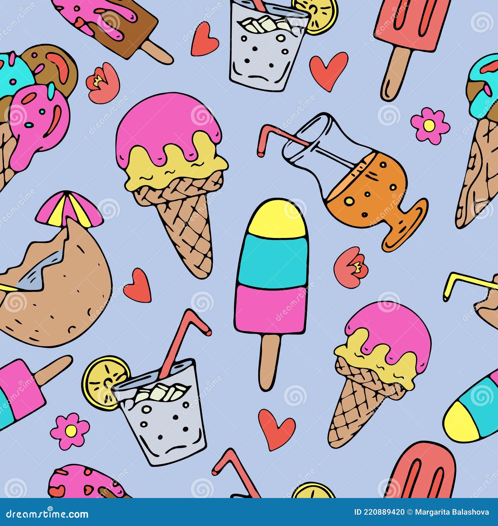 Delicious Refreshing Drinks and Ice Cream, Vector Seamless Pattern of