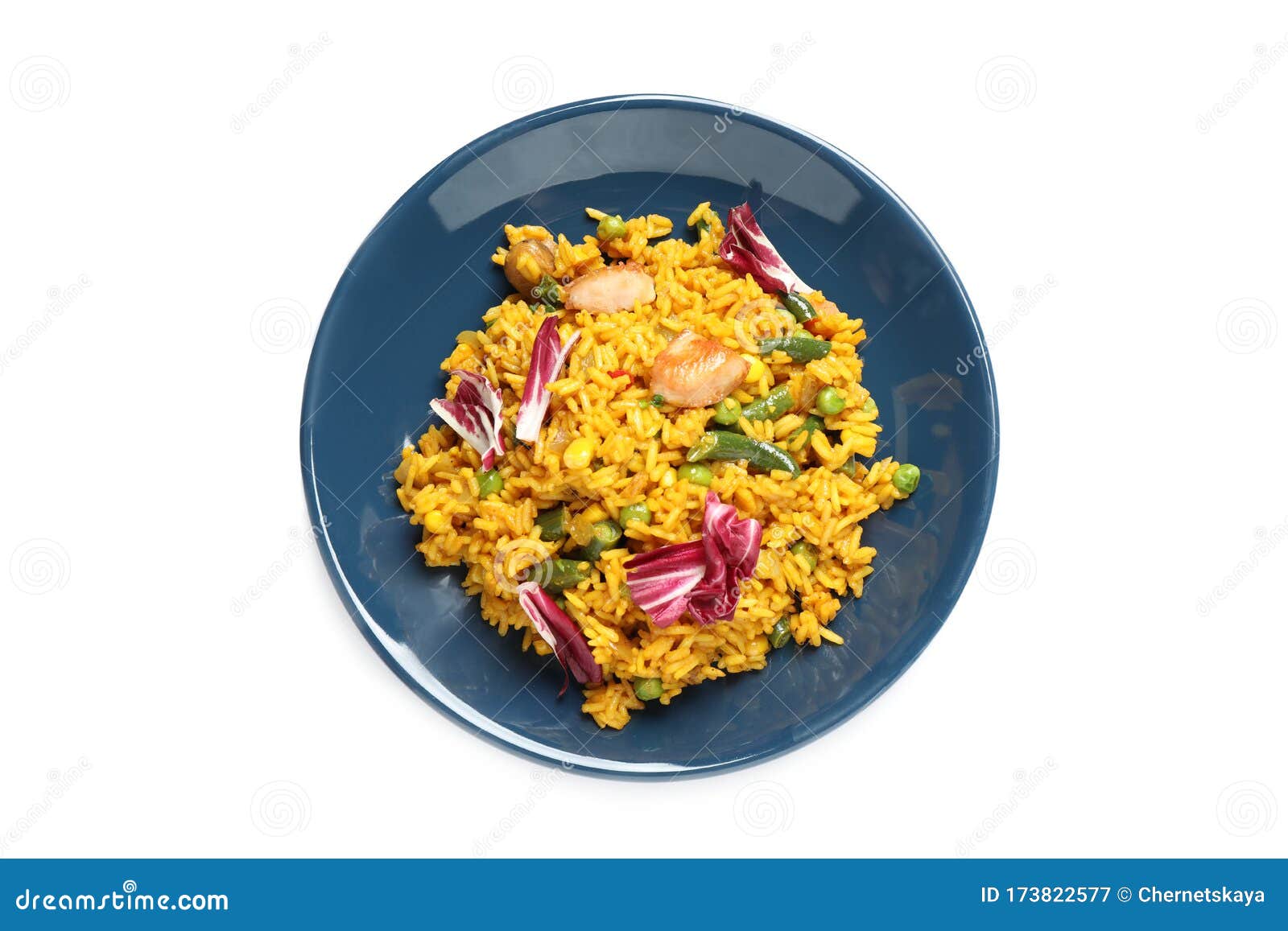 Delicious Rice Pilaf with Chicken Isolated on White, Top View Stock